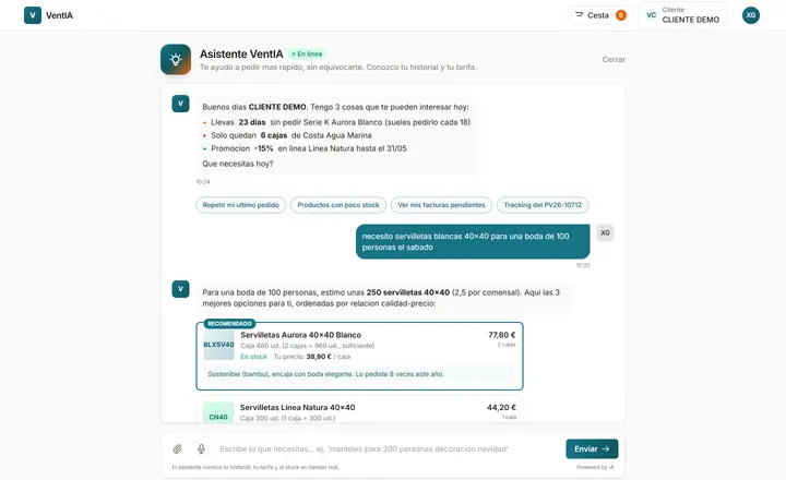 Asistente VentIA recomendando productos según historial y tarifa